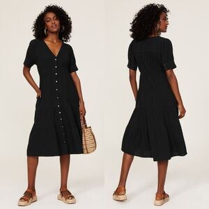 Madewell Gauze Midi Dress, Black, Button-Front | Size 00